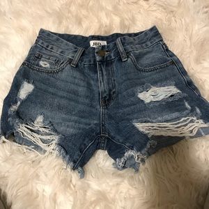 High waisted distressed jean shorts